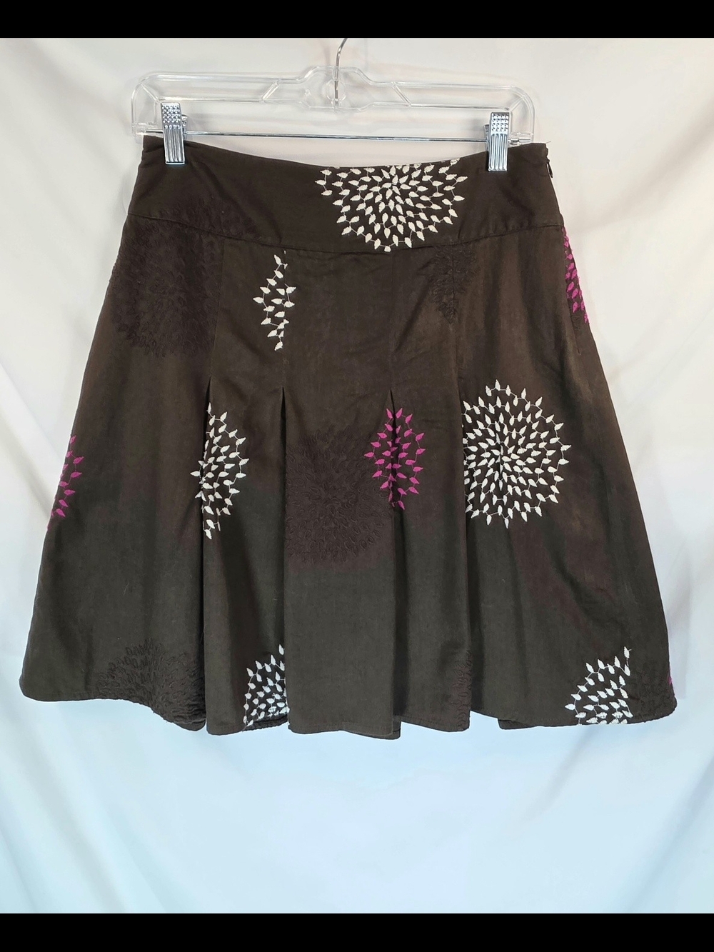 Ann Taylor Embroidered Cottagecore Peplum Coquette Brown Flare Cotton Skirt Sz 2